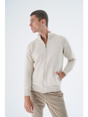 Trist Star Erkek Bej Dik Yaka Fermuarlı Düz Cepli Yün Triko Örme Hırka TRIST-5335