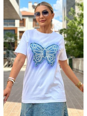 Kokoşum Butik 4764 Mavi Kelebek T-Shirt Beyaz