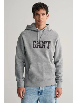 Gant Erkek Gri Regular Fit Kapüşonlu Logolu Sweatshirt