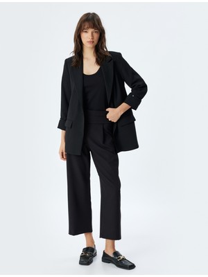 Koton Yüksek Bel Kumaş Pantolon Düz Kısa Paça Yarım Kemer ve Pile Detaylı