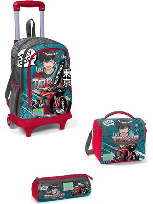Coral High Kids Gri Nefti Anime Motorsiklet Desenli Üç Bölmeli Çekçekli Okul 3'lü Çanta Seti  3SET23964