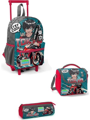 Coral High Kids Gri Nefti Anime Motorsiklet Desenli  Iki Bölmeli 3'lü Çanta Seti 3SET24064