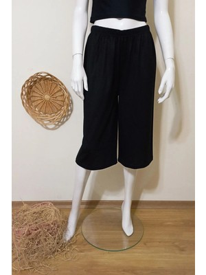 Vip Bera Tekstil Siyah Kadın 1.kalite Penye Bol Paça Bermuda& Kapri Düz Desenli Rahat Kesim