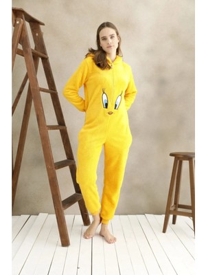 Mrs Justin Kadın Sarı Civciv Desenli Polar Peluş Kışlık Kapüşonlu Tulum Pijama Takımı