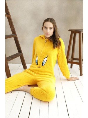 Mrs Justin Kadın Sarı Civciv Desenli Polar Peluş Kışlık Kapüşonlu Tulum Pijama Takımı
