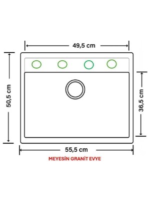 Meyesin Granit Evye Antrasit Tek Gözlü Mutfak Evyesi 50 x 55 Cm.