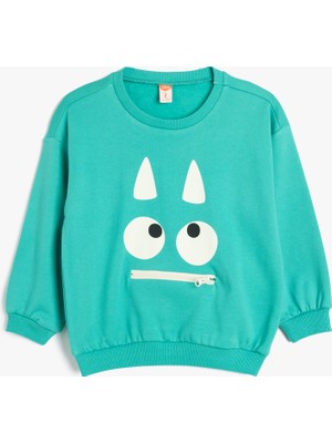 Koton Sweatshirt Canavar Baskılı Uzun Kollu Bisiklet Yaka