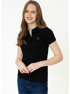 U.s. Polo Assn. GTP-IY022 Polo Yaka Standart Kalıp Baskılı Siyah Kadın T-Shirt