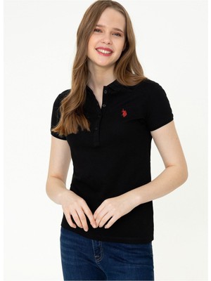 U.s. Polo Assn. GTP-IY022 Polo Yaka Standart Kalıp Baskılı Siyah Kadın T-Shirt