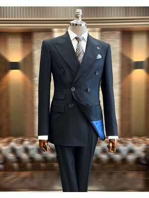 Terzi Adem Altun İtalyan stil kruvaze ceket pantolon takım elbise lacivert T12257