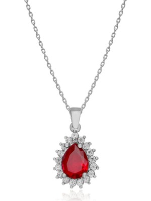 Silveranka 925 Ayar Gümüş Yakut Kırmızısı Damla Taşlı Anturaj Kolye