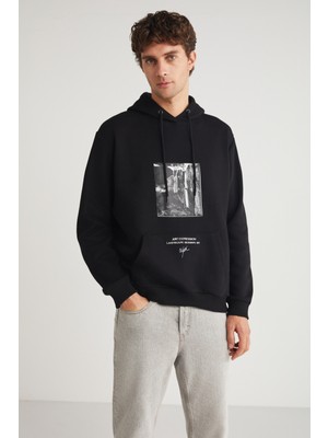 Grimelange Toronto Erkek Kapüşonlu  Pamuk Baskı Detaylı Siyah Sweatshirt