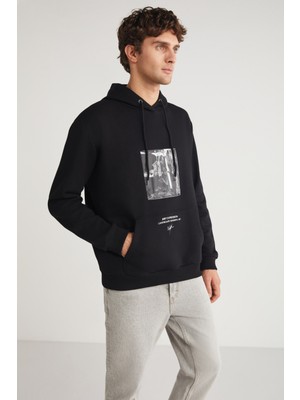 Grimelange Toronto Erkek Kapüşonlu  Pamuk Baskı Detaylı Siyah Sweatshirt