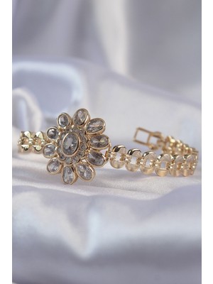 Kaufhier Pirinç Gold Renk Iri Zirkon Taşlı Çiçek Figürlü Bileklik