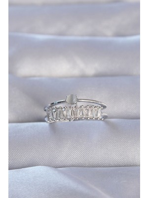 Kaufhier Pirinç Gümüş Renk Zirkon Taşlı Baget Su Yolu Model Ayarlanabilir Yüzük