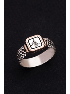 Vogutima Osmanlı Tuğralı Kare Zincir Motifli Ince Kibar 925 Ayar Gümüş Erkek • Sevgiliye • Eşe • Babaya Yüzük