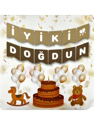 Kidspartim Iyi Ki Doğdun Beyaz Yazılı Krem Kahverengi Banner
