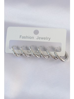 Fashion Jewelry Pirinç Gümüş Renk Oval Küpe Seti