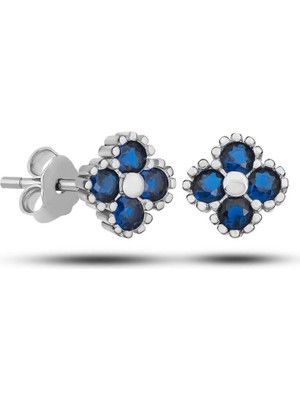 Kaufhier Gümüş Yonca Çivili Mavi Taşlı Çocuk Küpe