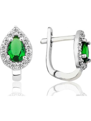 Kaufhier Gümüş Yeşil Taşlı Damla J Kadın Küpe