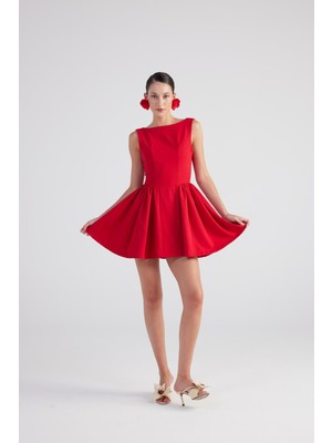 Holly Lolly Kabarık Mini Elbise Kayık Yaka Kırmızı Kadın Trend Stil Özel Olay