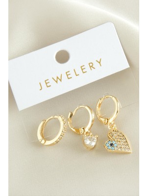 Bijuteri Net 3 Adet Kalp Zirkon Taşlı Küpe