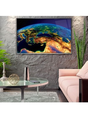 Emya Home Metal Çerçeveli Dünya Cam Tablo