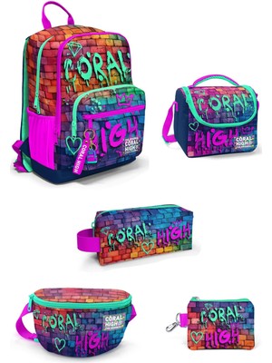 Coral High Pembe Lacivert Grafiti Yazılı 5'li Okul Çanta Seti 5SET23629