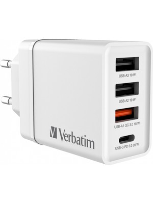 Verbatim 30W USB Şarj Aleti 1 x Usb-C® Pd 20 W / 1x Usb-A Qc 3.0 / 2x Usb-A 10W Beyaz