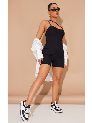 Sosostyle Kadın Asimetrik Askılı Mini Kaşkorse Bodycon Tulum