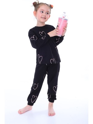 Bunny Hopp 3-8 Yaş  Pamuk Kalp Desenli Uzun Kollu Siyah Kız Çocuk Pijama Takımı