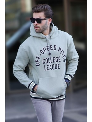 Madmext Çağla Yeşil Kapüşonlu Cep Detaylı Baskılı Erkek Sweatshirt 7068