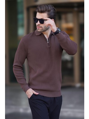 Madmext Kahverengi Polo Yaka Fermuarlı Uzun Kollu Erkek Kazak 7240
