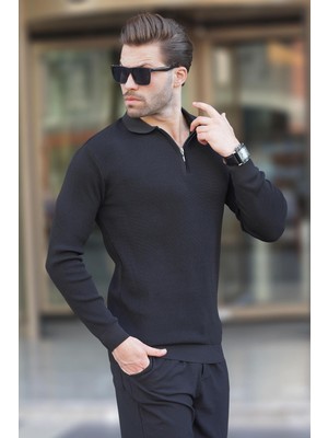 Madmext Siyah Polo Yaka Fermuarlı Uzun Kollu Erkek Kazak 7240
