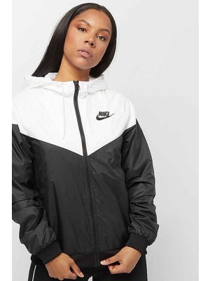 Nike Sportswear Windrunner Jacket Black White Kadın Kapüşonlu Spor Ceket Siyah Beyaz