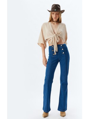Koton Ispanyol Paça Kot Pantolon Yüksek Bel Slim Fit Düğme Detaylı - Flare Jeans
