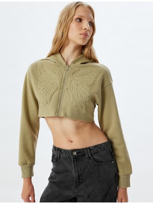 Koton Crop Sweatshirt Fermuarlı Kapüşonlu Kelebek Işlemeli
