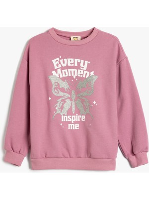 Koton Sweatshirt Kelebek Baskılı Uzun Kollu Bisiklet Yaka