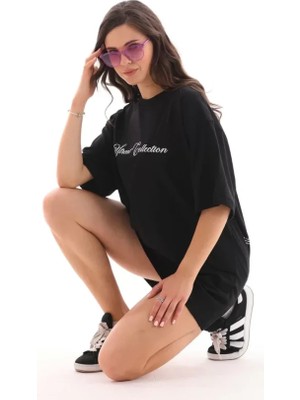 Sosostyle Unisex Bisiklet Yaka Baskılı Oversize T-Shirt - Siyah