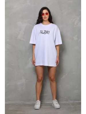 Sosostyle Unisex Bisiklet Yaka Baskılı Oversize T-Shirt - Beyaz