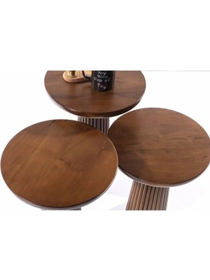 Wood Wooden 3’Lü Set Fitilli Mantar Yan Sehpa Modern Koyu Ceviz Renk Fiskos