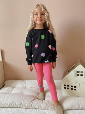 Lolli Boom Kids  Kız Çocuk Fuşya Renk Fitilli Taytlı Kalp Baskılı Koyu Renk Sweatshirt 2'li Alt Üst Takım