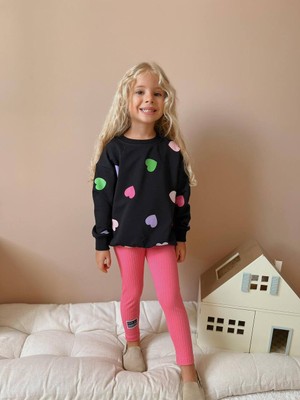 Lolli Boom Kids  Kız Çocuk Fuşya Renk Fitilli Taytlı Kalp Baskılı Koyu Renk Sweatshirt 2'li Alt Üst Takım