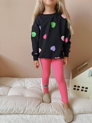 Lolli Boom Kids  Kız Çocuk Fuşya Renk Fitilli Taytlı Kalp Baskılı Koyu Renk Sweatshirt 2'li Alt Üst Takım