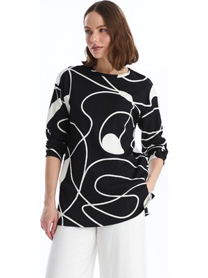 LC Waikiki Siyah Baskılı Bisiklet Yaka Desenli Kadın Sweatshirt Tunik