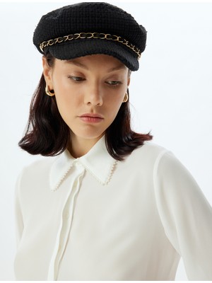 Koton Yakası Inci Taşlı Gömlek Uzun Kollu Krep Kumaş