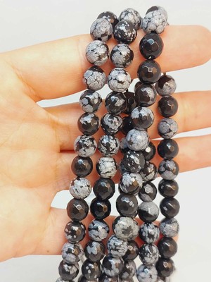 Yaşam Tohumu Çeyrek Dizi (9cm Uzunluğundadır!) Kar Tanesi Obsidyen Taşı Faset Kesim Çeyrek Dizi 7.5mm (49252)