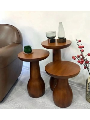 Simillo Home & Living Wood Wooden 3’lü Set Mantar Yan Sehpa Ahşap Modern Ceviz Renk Fiskos Çiçeklik