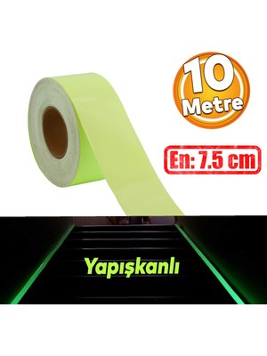 Badem10 Fotolümen Gece Parlayan 7.5 cm Yeşil Reflektörlü Fosforlu Reflektif Düz Şerit Bant 10 mt Ikaz Bandı
