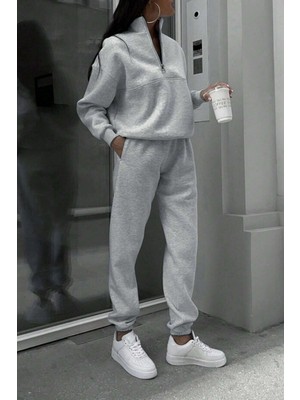 Trendseninle Kadın Gri Fermuar Detay Dik Yaka Alt Üst Eşofman Takım